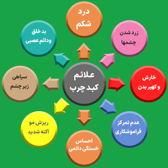 علائم کبد چرب با خستگی ، بد خلقی، کاهش وزن و زردئ شدن چشم ها همراه است
